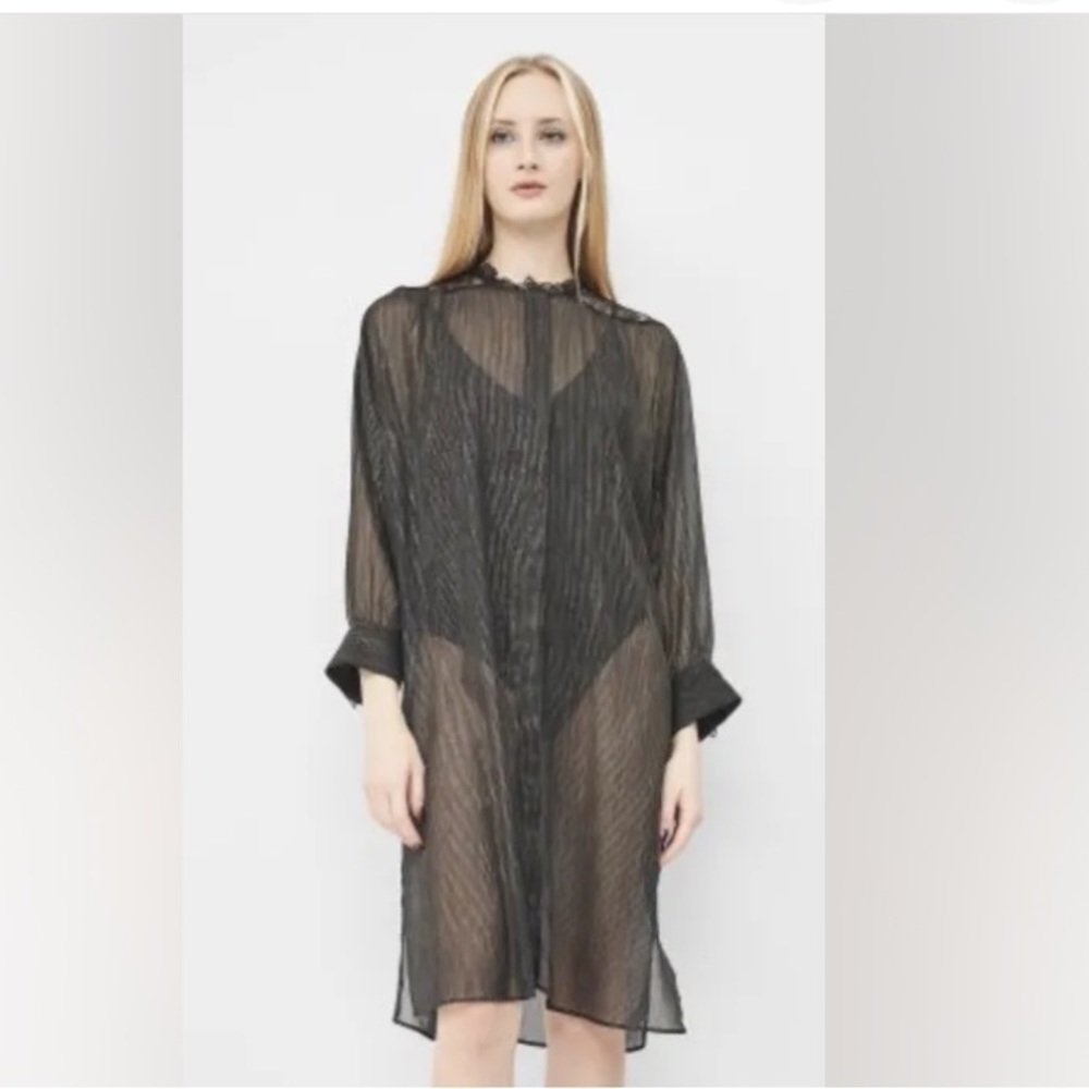 Zara Basic Black & Gold Shimmer Button Up Sheer Long Sleeve Tunic Dress Size M
